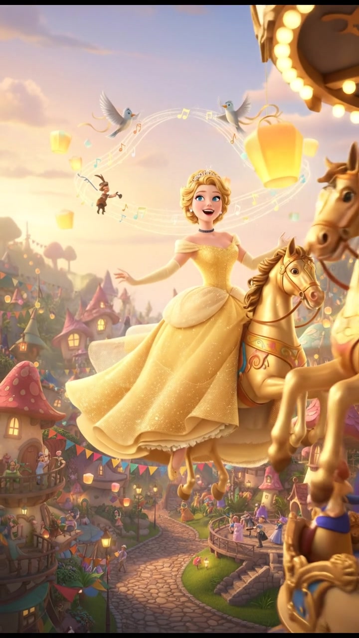 riding a carousel or flying through a fairytale village, joyful celebration and music in the air