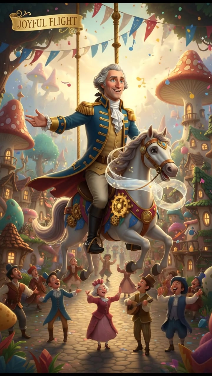 riding a carousel or flying through a fairytale village, joyful celebration and music in the air