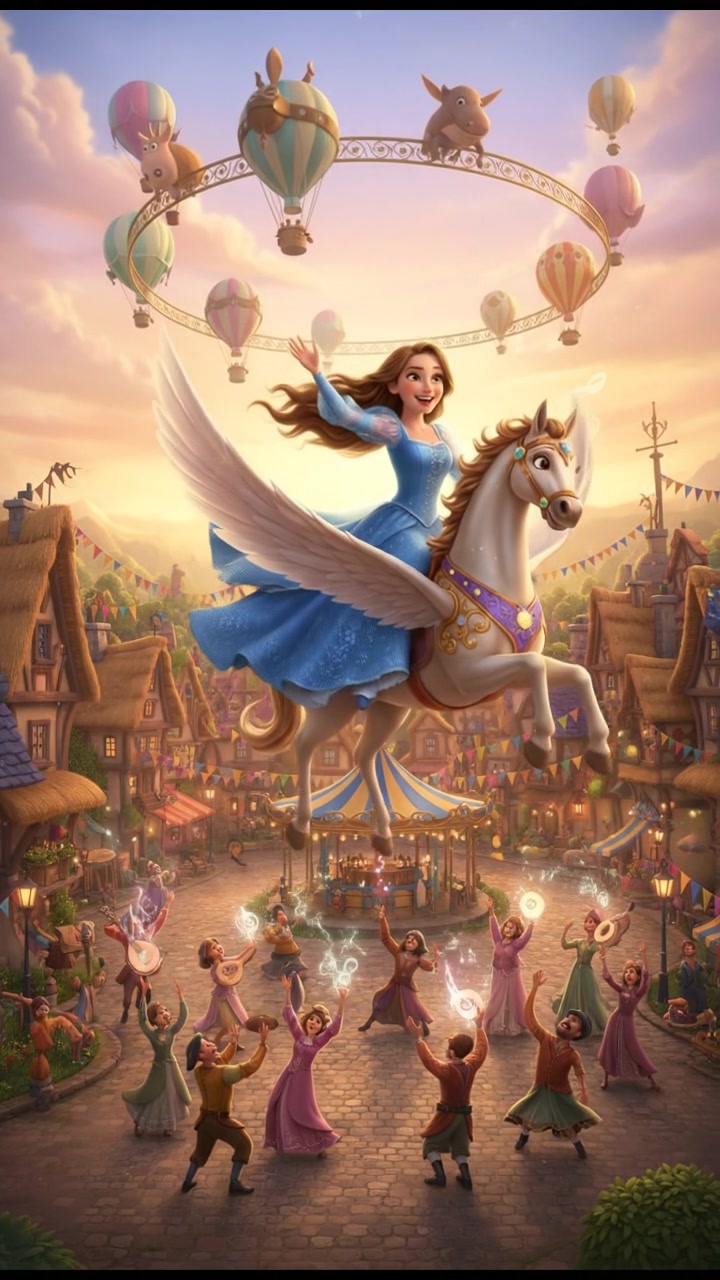 riding a carousel or flying through a fairytale village, joyful celebration and music in the air