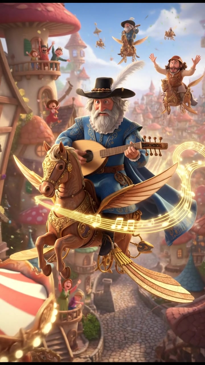 riding a carousel or flying through a fairytale village, joyful celebration and music in the air