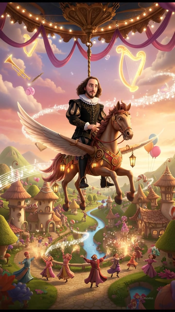 riding a carousel or flying through a fairytale village, joyful celebration and music in the air