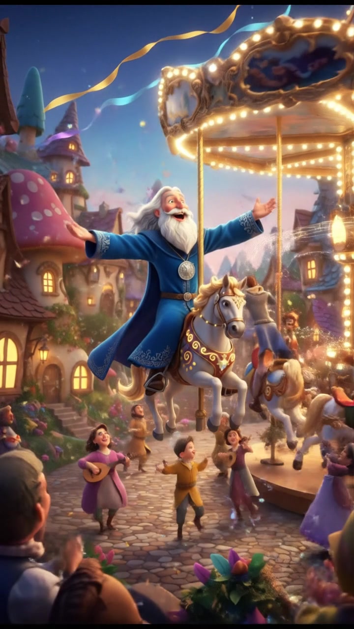 riding a carousel or flying through a fairytale village, joyful celebration and music in the air
