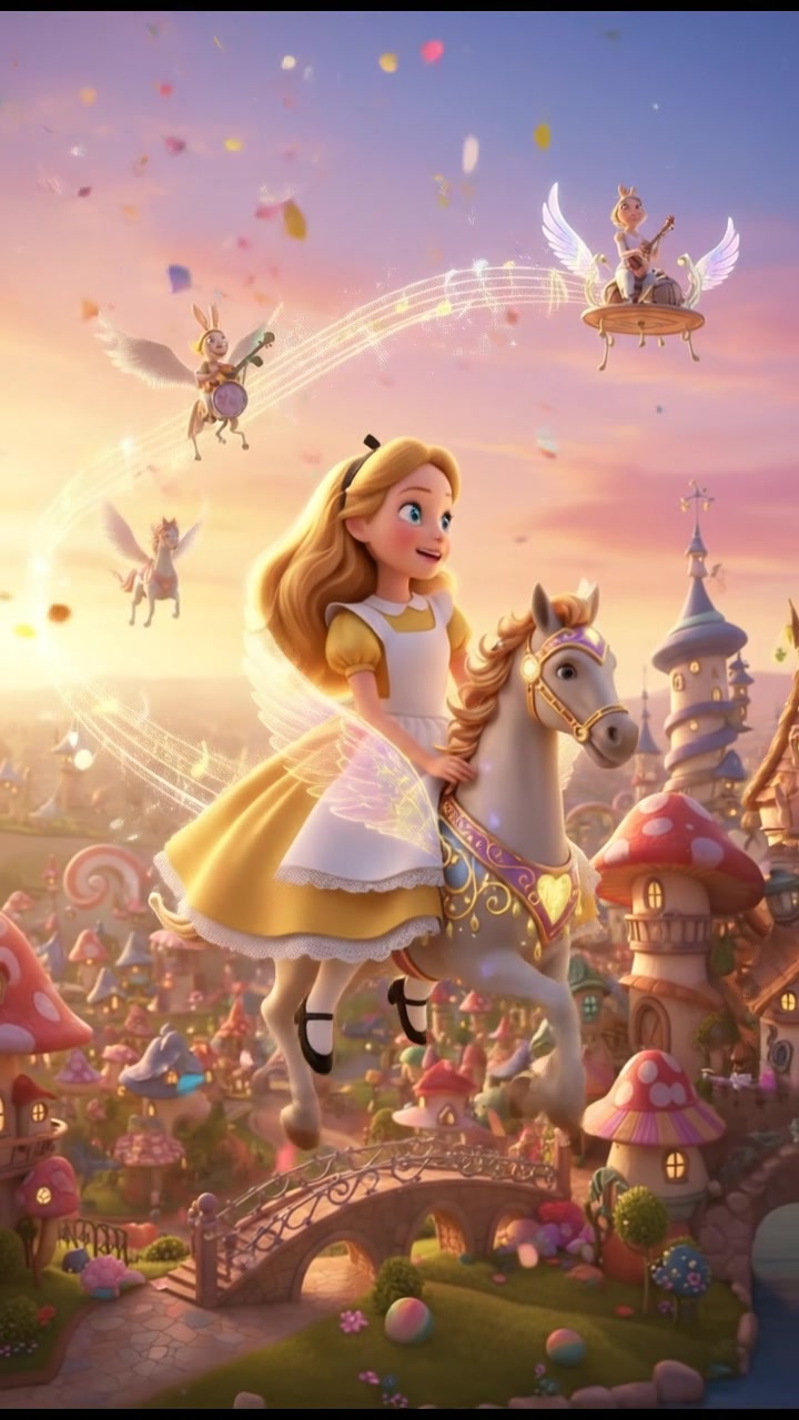 riding a carousel or flying through a fairytale village, joyful celebration and music in the air