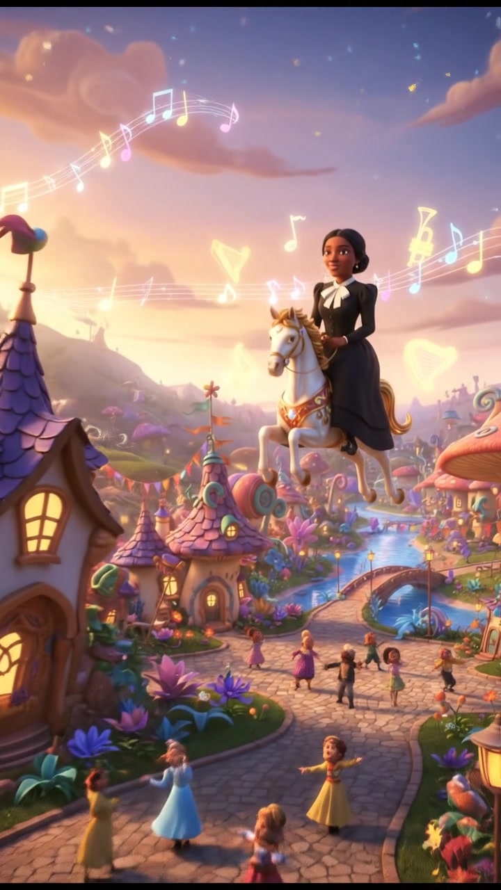 riding a carousel or flying through a fairytale village, joyful celebration and music in the air