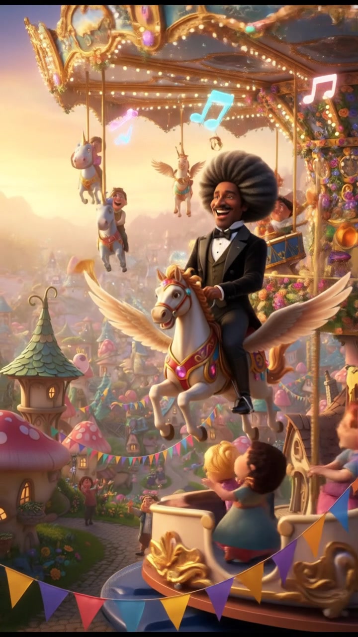 riding a carousel or flying through a fairytale village, joyful celebration and music in the air
