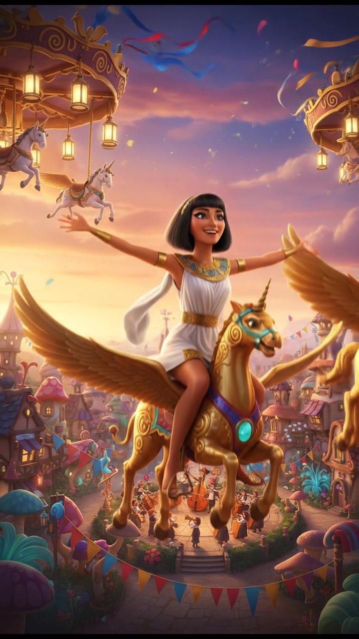 riding a carousel or flying through a fairytale village, joyful celebration and music in the air