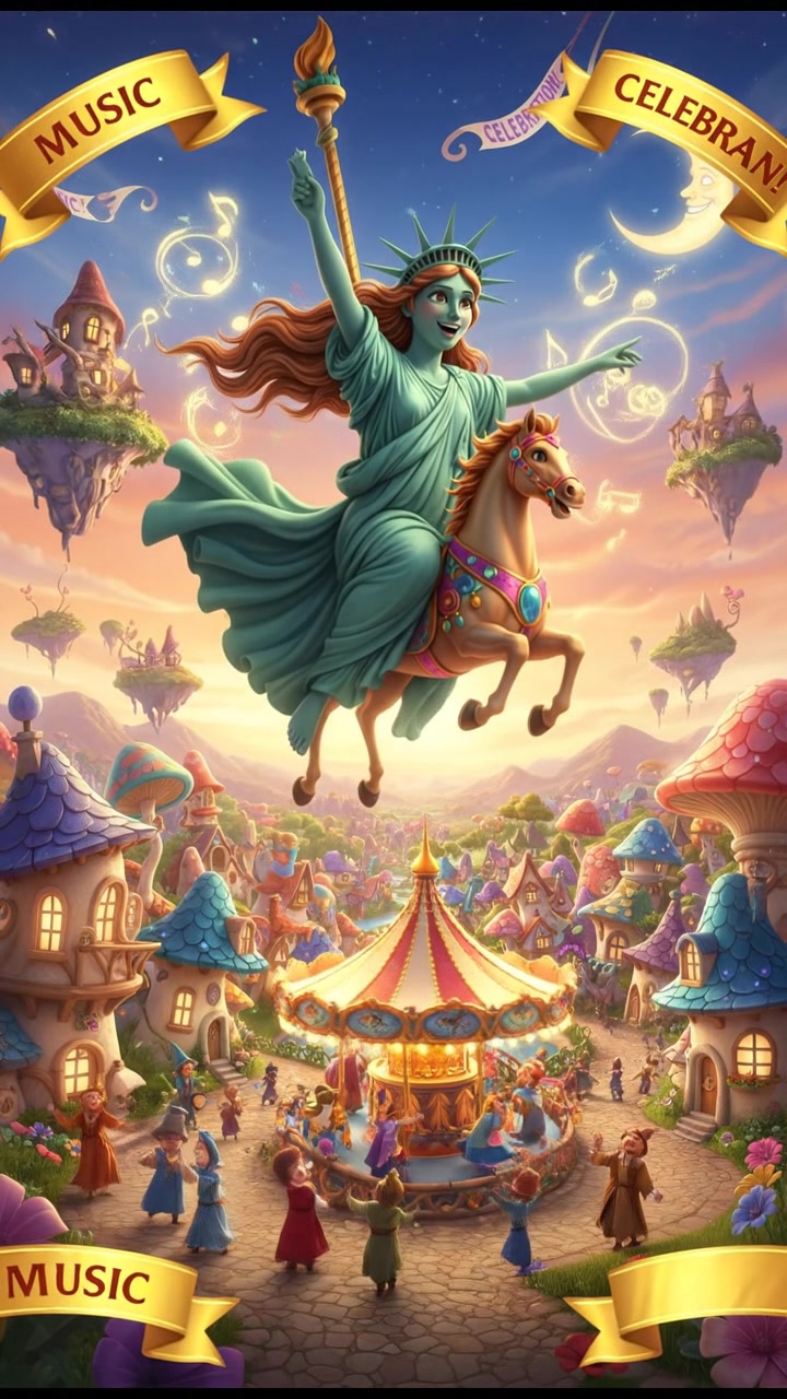 riding a carousel or flying through a fairytale village, joyful celebration and music in the air