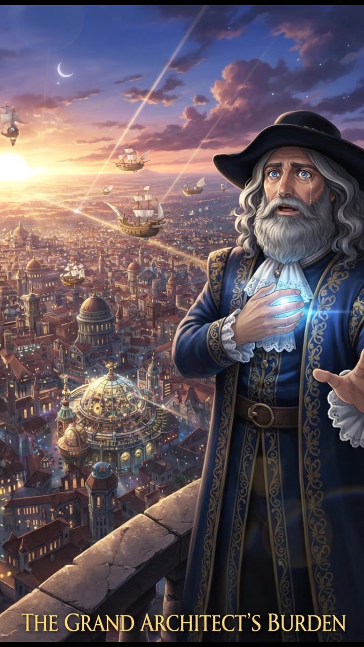 looking out over the city at dusk, realizing the responsibility that comes with their power