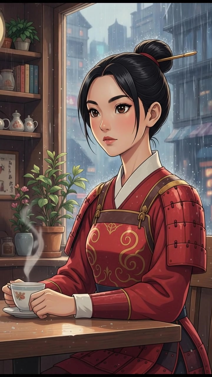 sitting in a cafe, rain falling outside