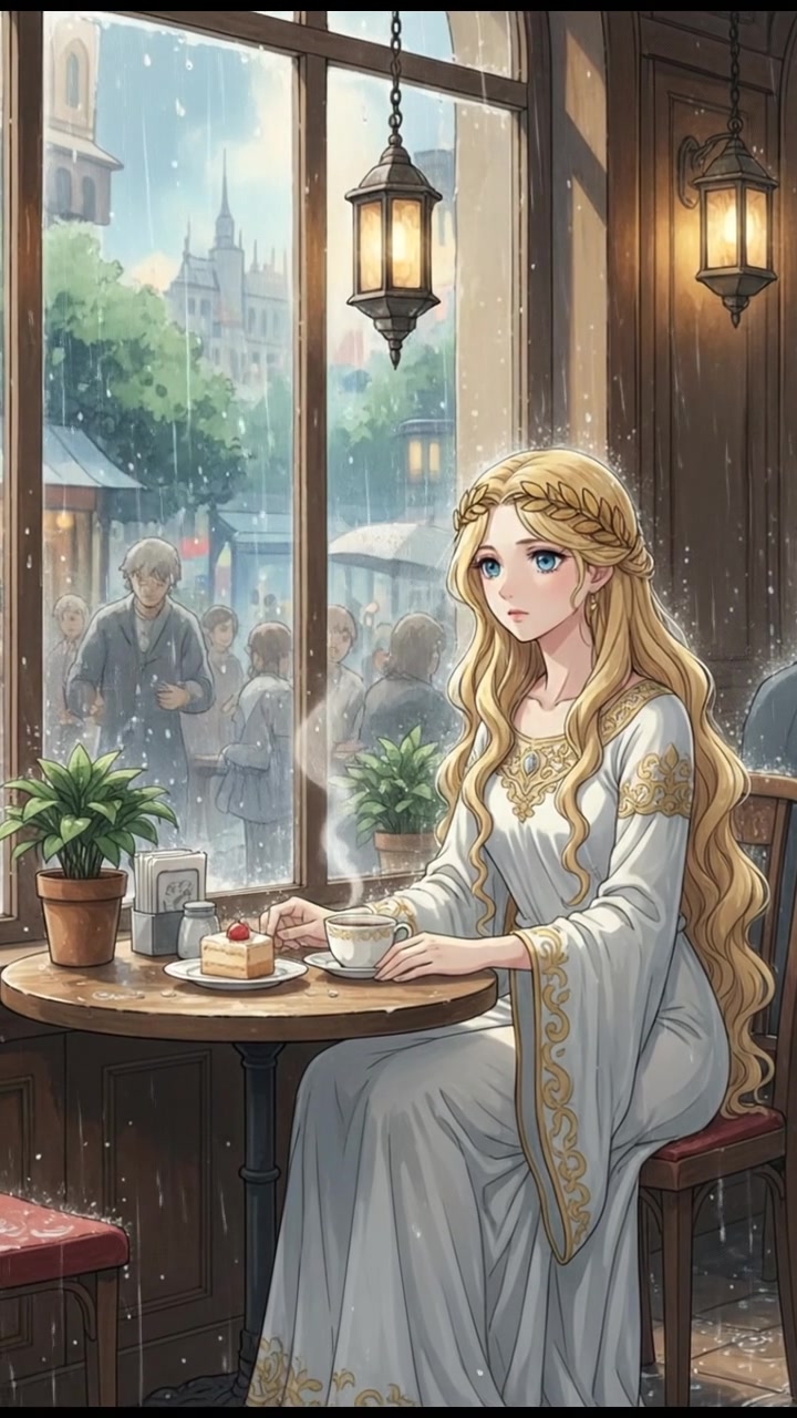 sitting in a cafe, rain falling outside