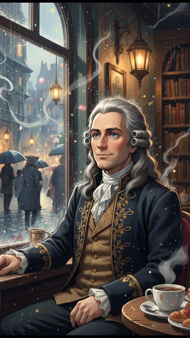 sitting in a cafe, rain falling outside