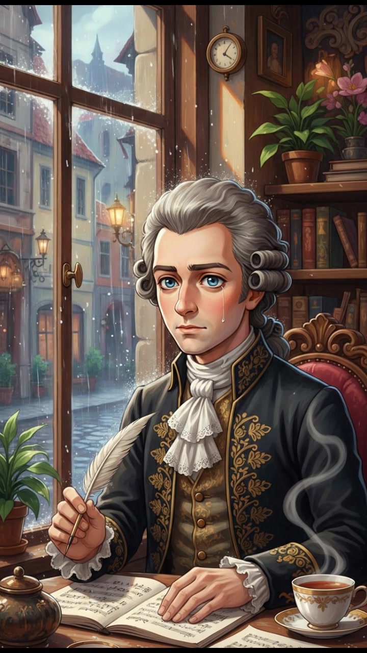 sitting in a cafe, rain falling outside