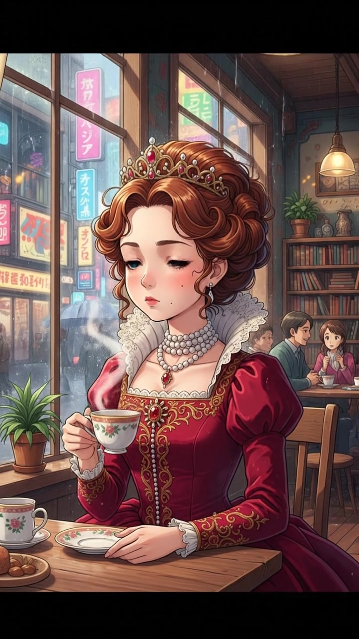 sitting in a cafe, rain falling outside