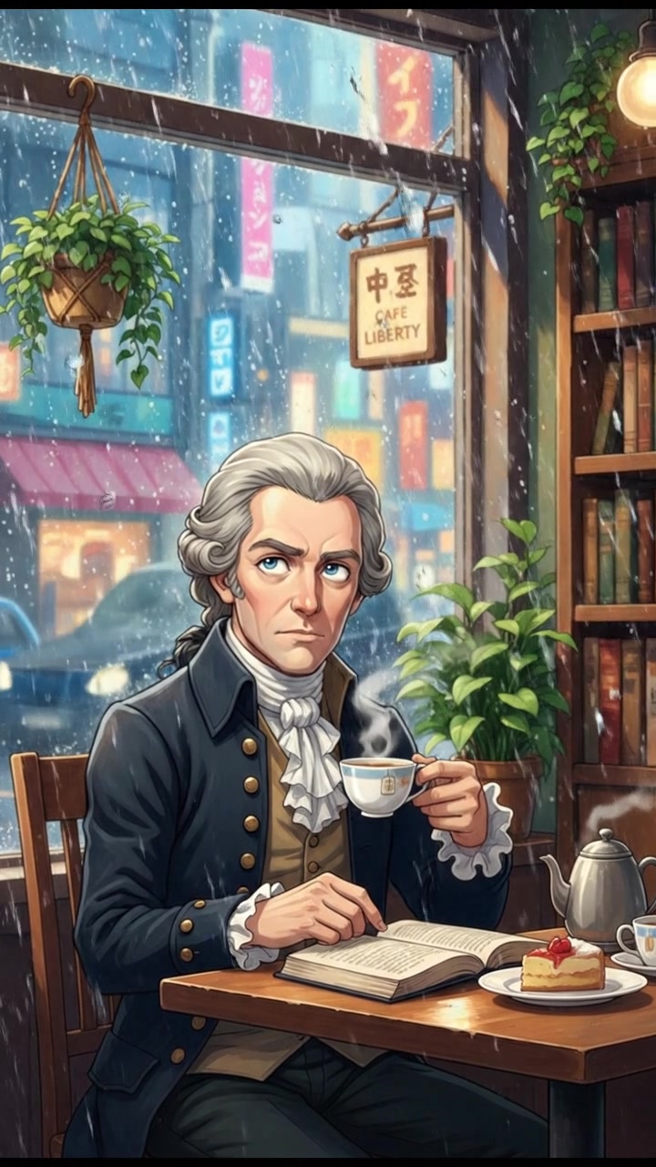 sitting in a cafe, rain falling outside