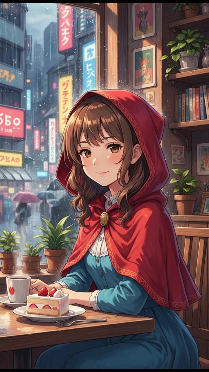 sitting in a cafe, rain falling outside