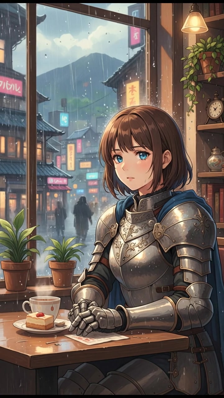 sitting in a cafe, rain falling outside