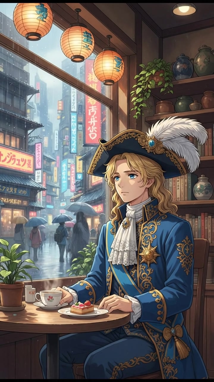 sitting in a cafe, rain falling outside