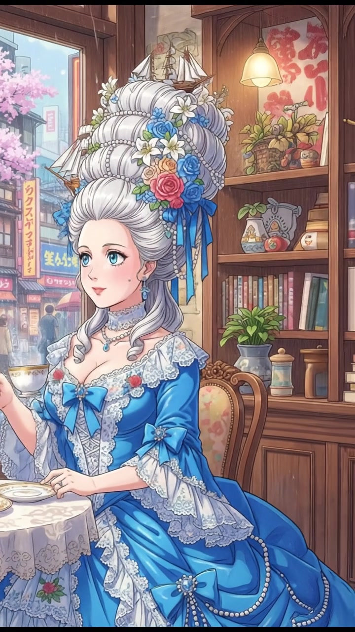 sitting in a cafe, rain falling outside