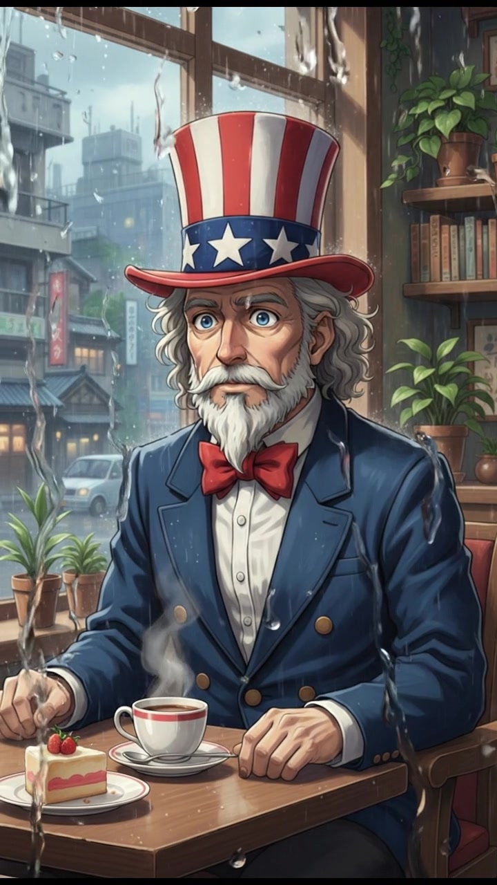 sitting in a cafe, rain falling outside