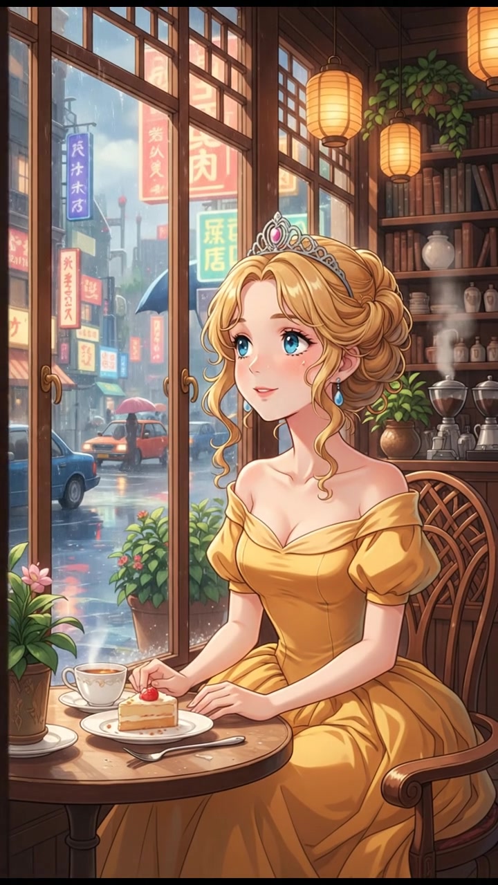 sitting in a cafe, rain falling outside