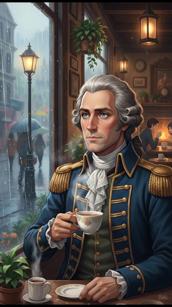 sitting in a cafe, rain falling outside