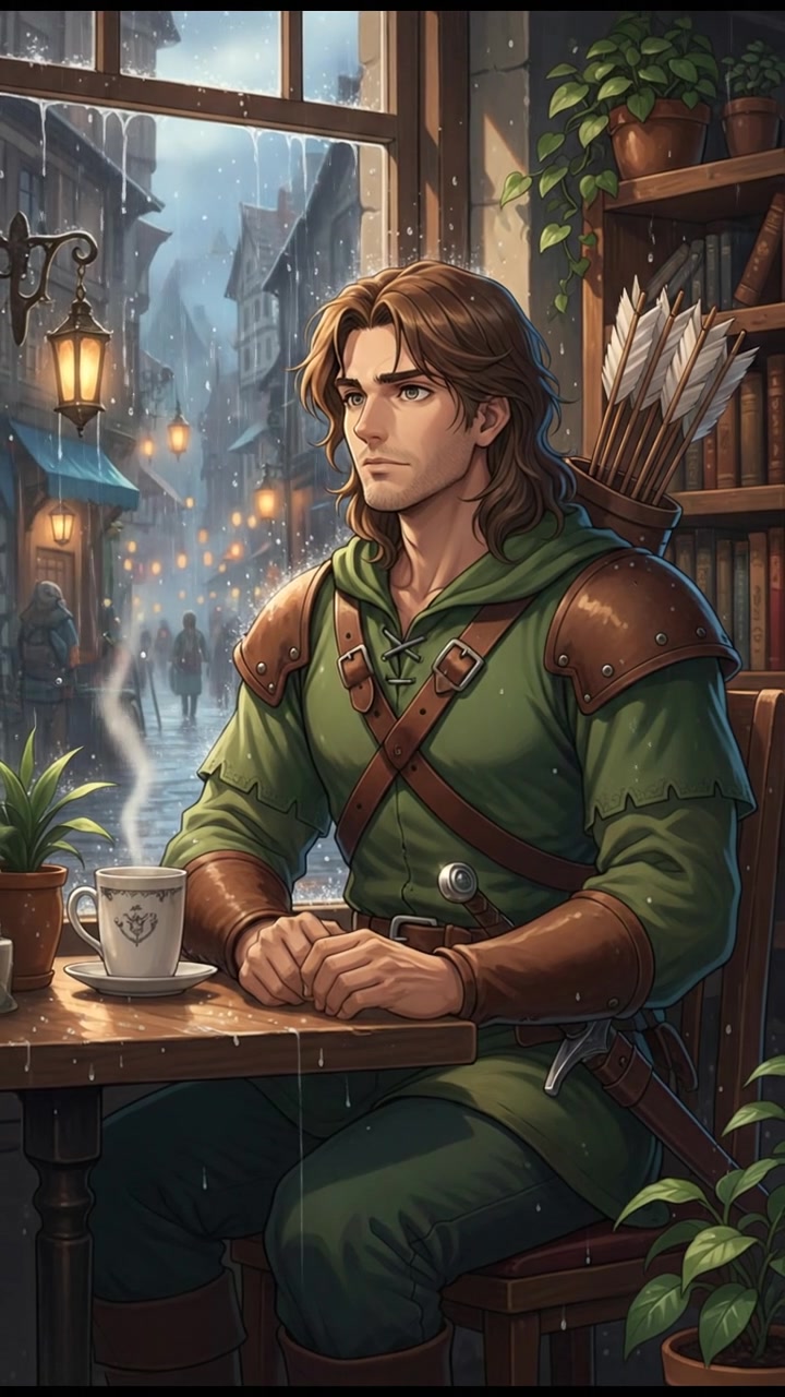 sitting in a cafe, rain falling outside