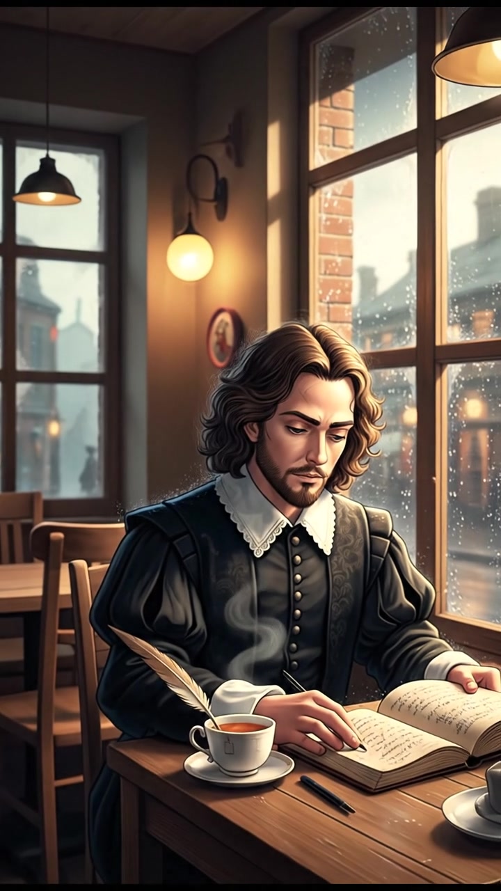 sitting in a cafe, rain falling outside