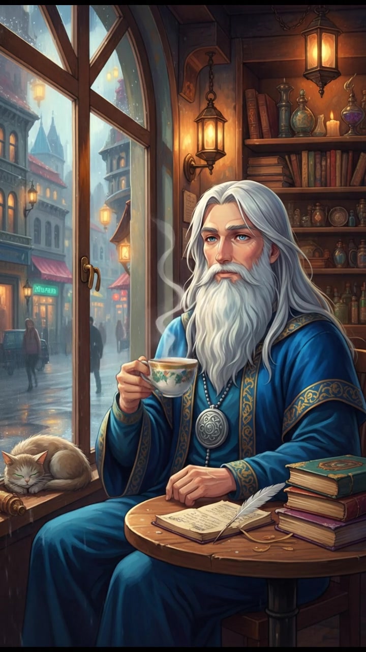 sitting in a cafe, rain falling outside