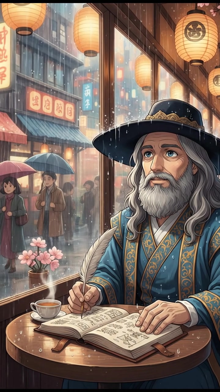 sitting in a cafe, rain falling outside