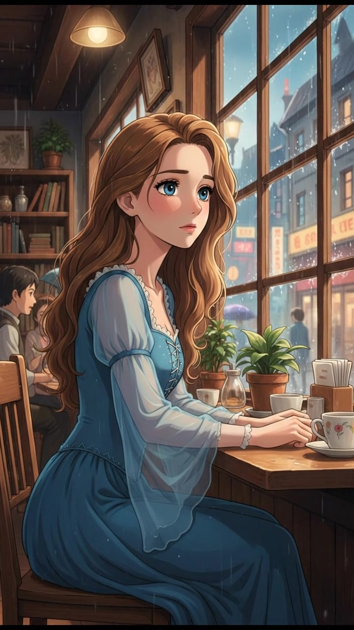 sitting in a cafe, rain falling outside