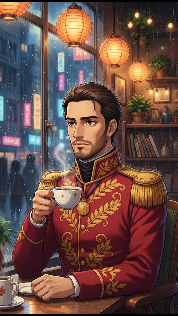 sitting in a cafe, rain falling outside