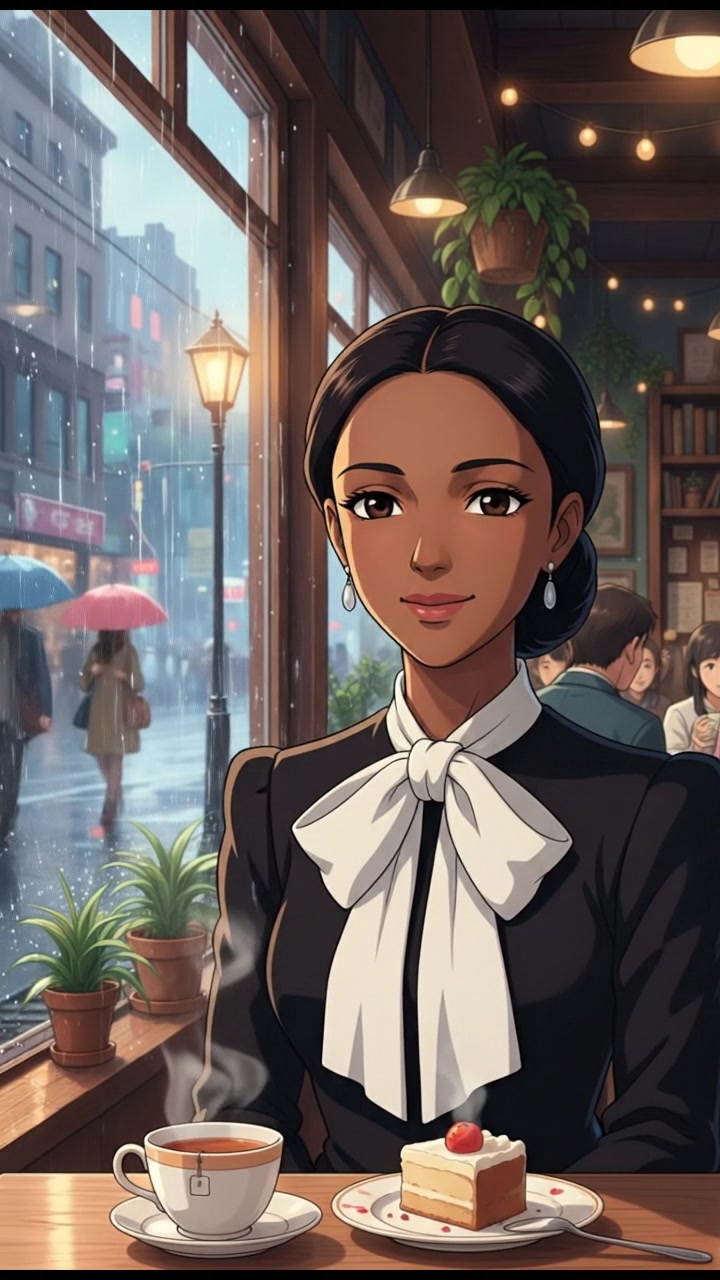 sitting in a cafe, rain falling outside