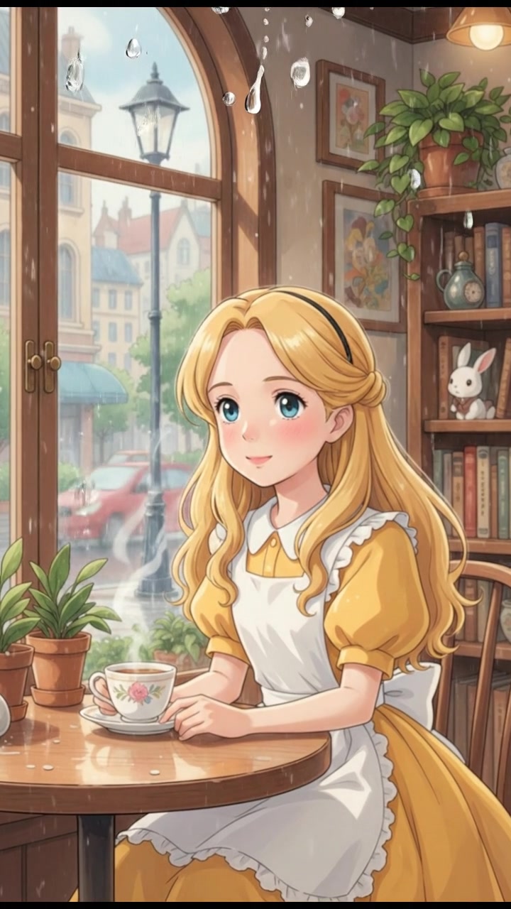 sitting in a cafe, rain falling outside