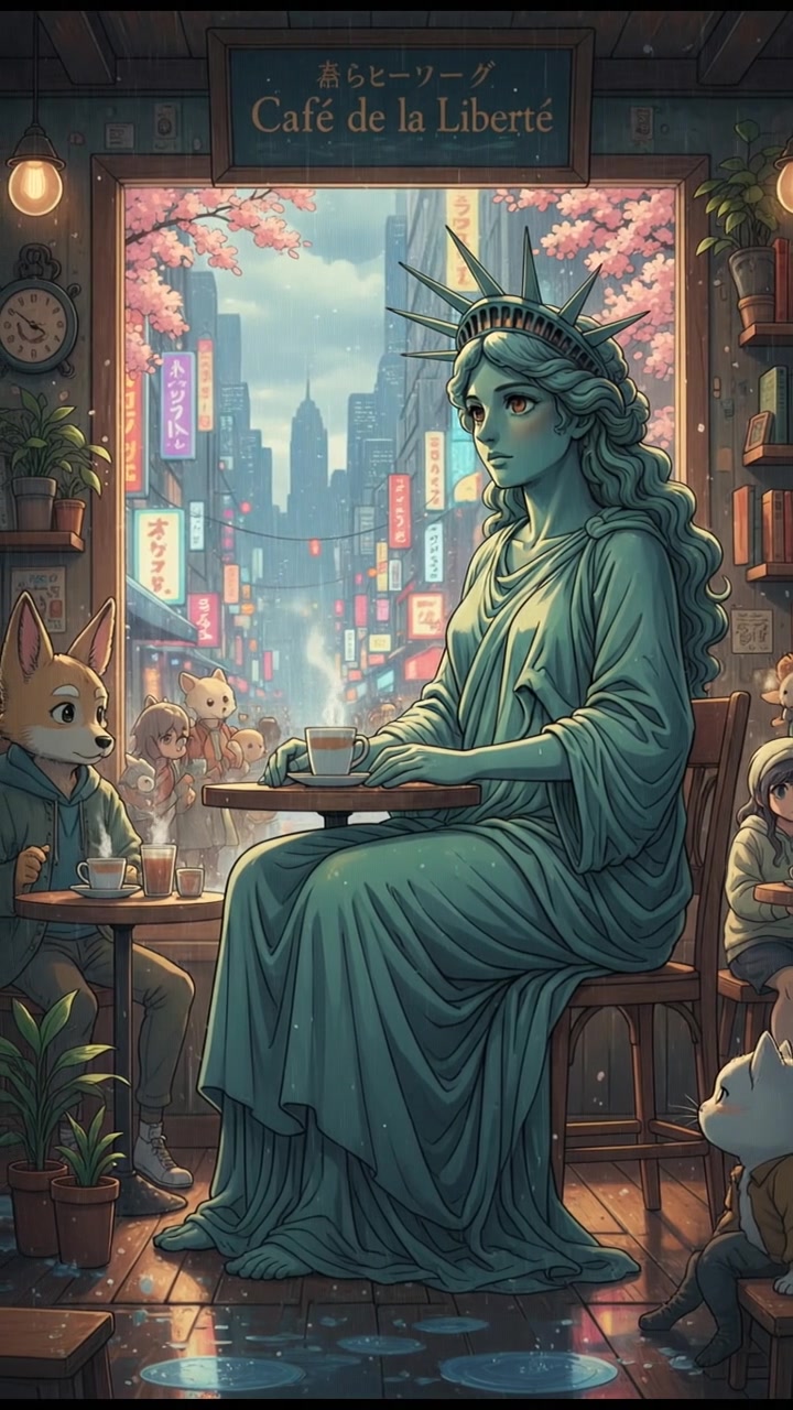 sitting in a cafe, rain falling outside