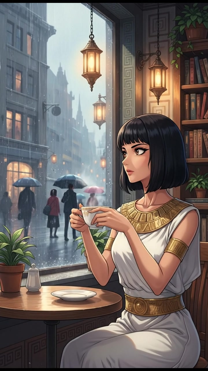 sitting in a cafe, rain falling outside