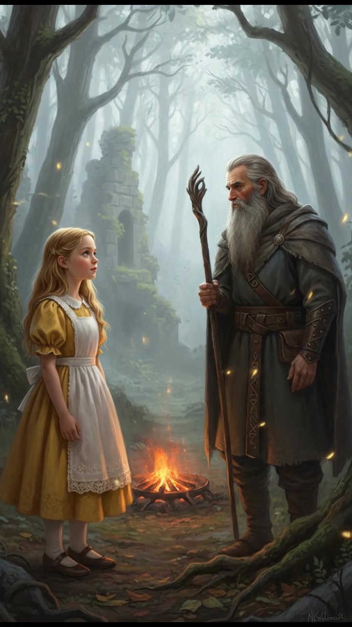 meeting a wise mentor in a misty forest, fireflies hovering around them