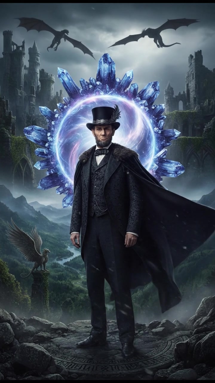 standing before a crystal portal that hums with energy, cloak billowing in the wind