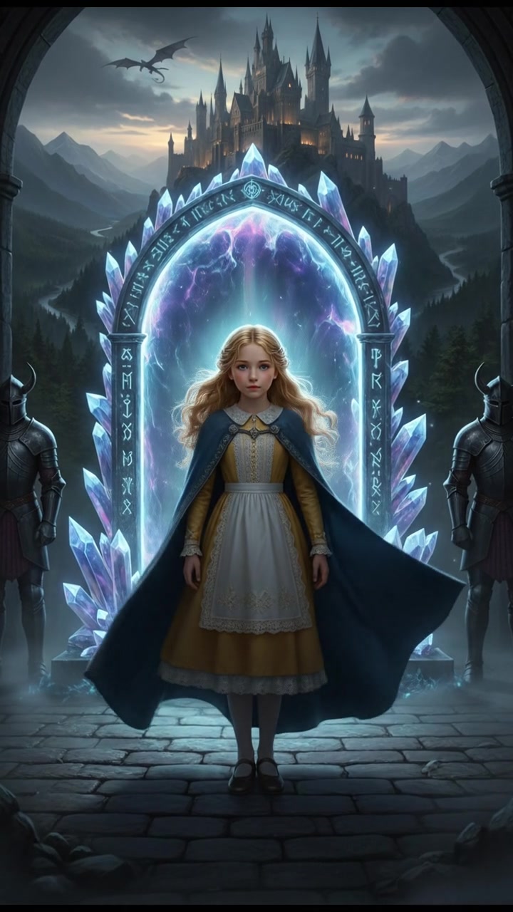 standing before a crystal portal that hums with energy, cloak billowing in the wind