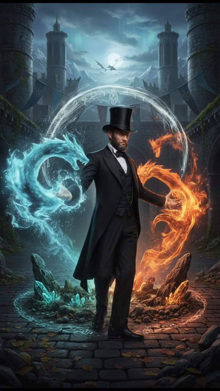 training to control magic in a courtyard where elements swirl — fire, water, air, earth