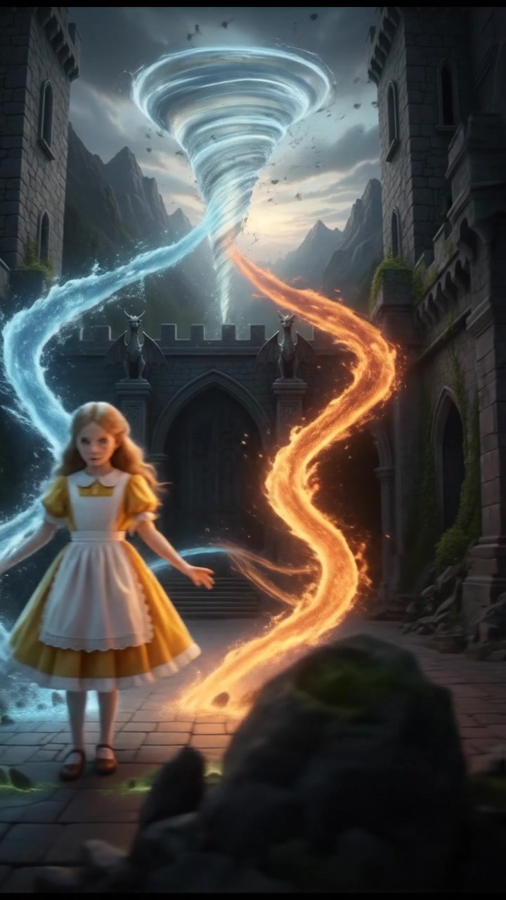 training to control magic in a courtyard where elements swirl — fire, water, air, earth