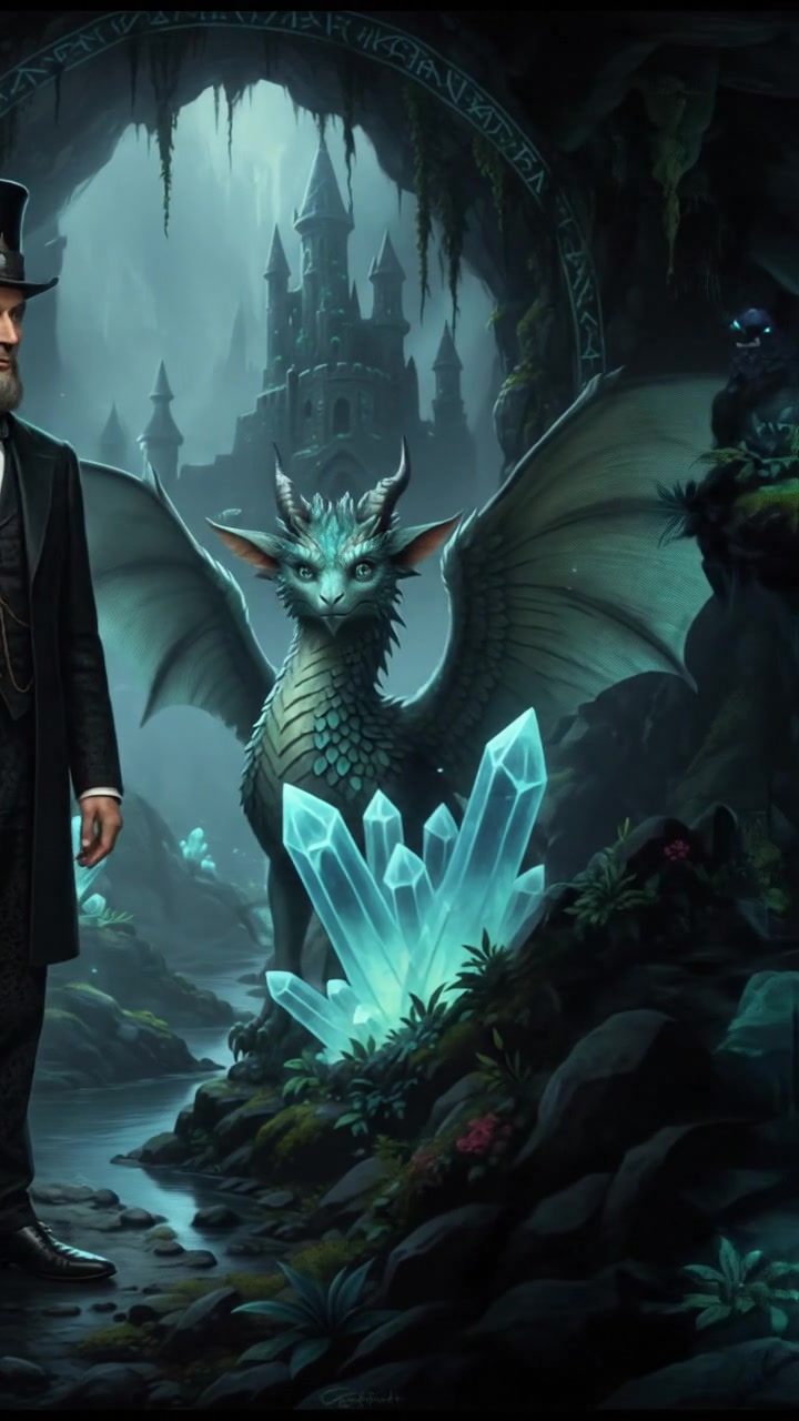 discovering a hidden creature or familiar in a glowing cave, awe and curiosity in their eyes