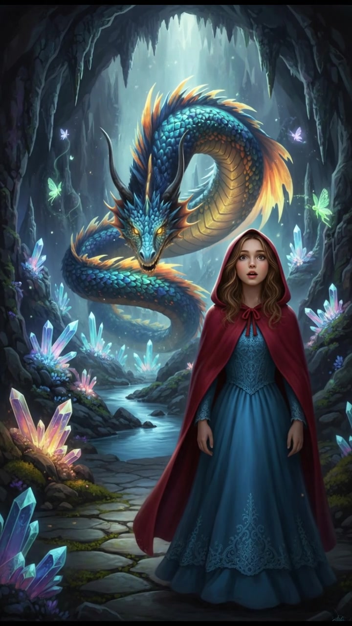 discovering a hidden creature or familiar in a glowing cave, awe and curiosity in their eyes