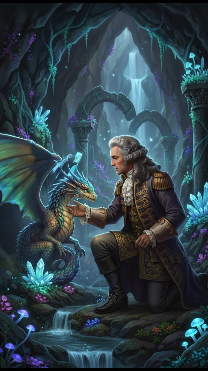 discovering a hidden creature or familiar in a glowing cave, awe and curiosity in their eyes