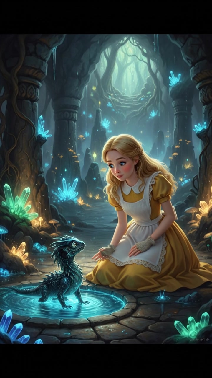 discovering a hidden creature or familiar in a glowing cave, awe and curiosity in their eyes