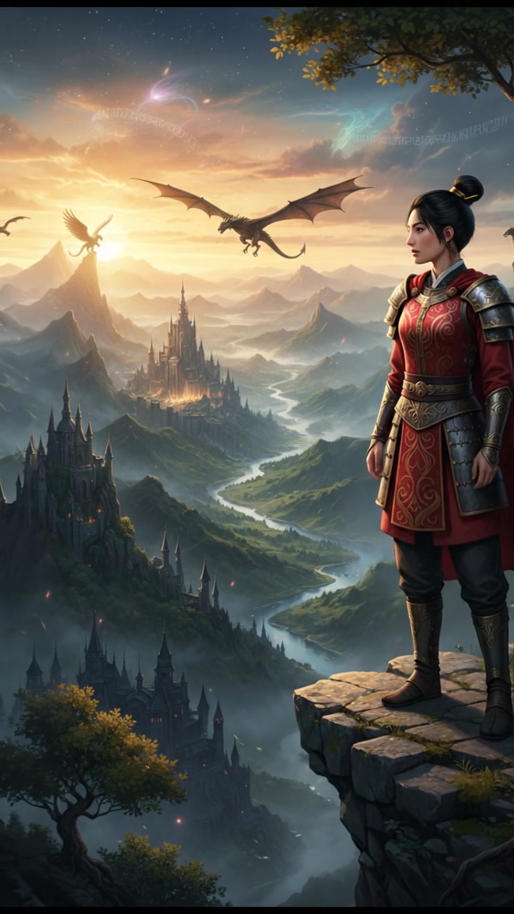 standing on a cliff at sunrise, realizing the vastness of the magical world ahead