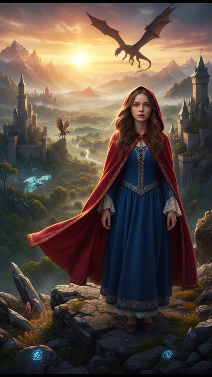 standing on a cliff at sunrise, realizing the vastness of the magical world ahead