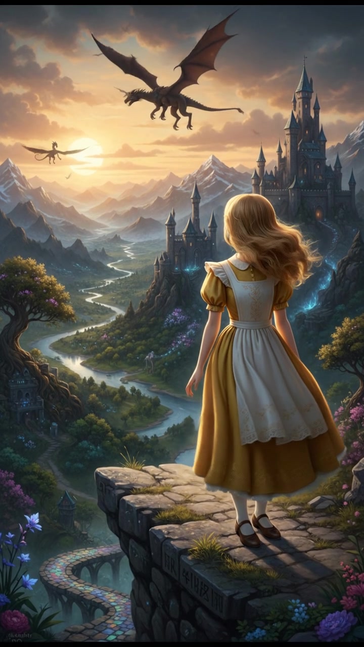 standing on a cliff at sunrise, realizing the vastness of the magical world ahead