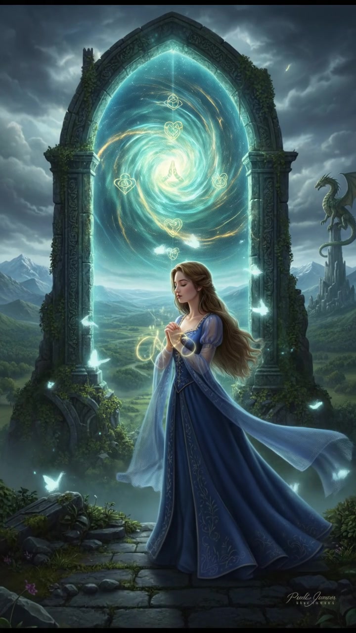 standing before a magical gate or portal that can only be opened by true devotion