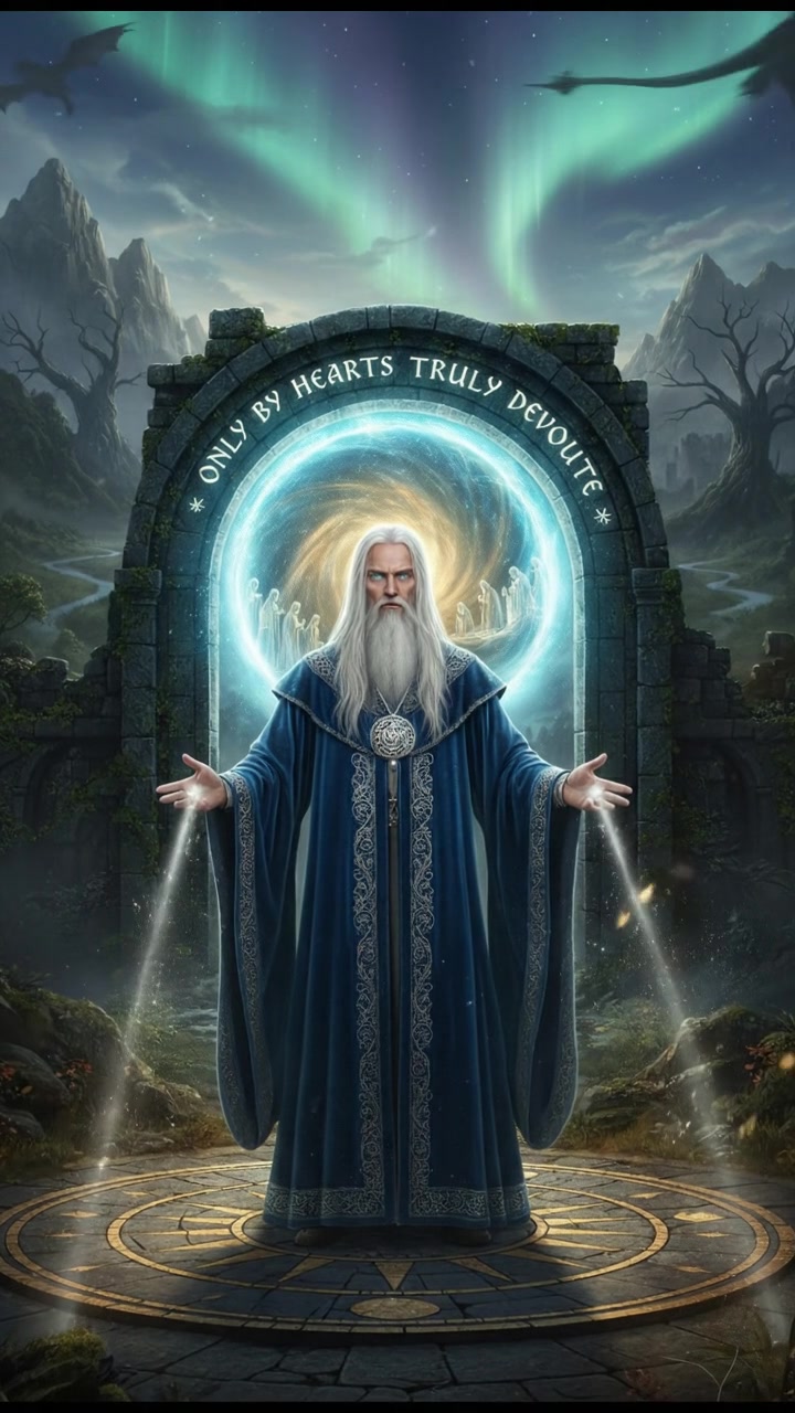 standing before a magical gate or portal that can only be opened by true devotion