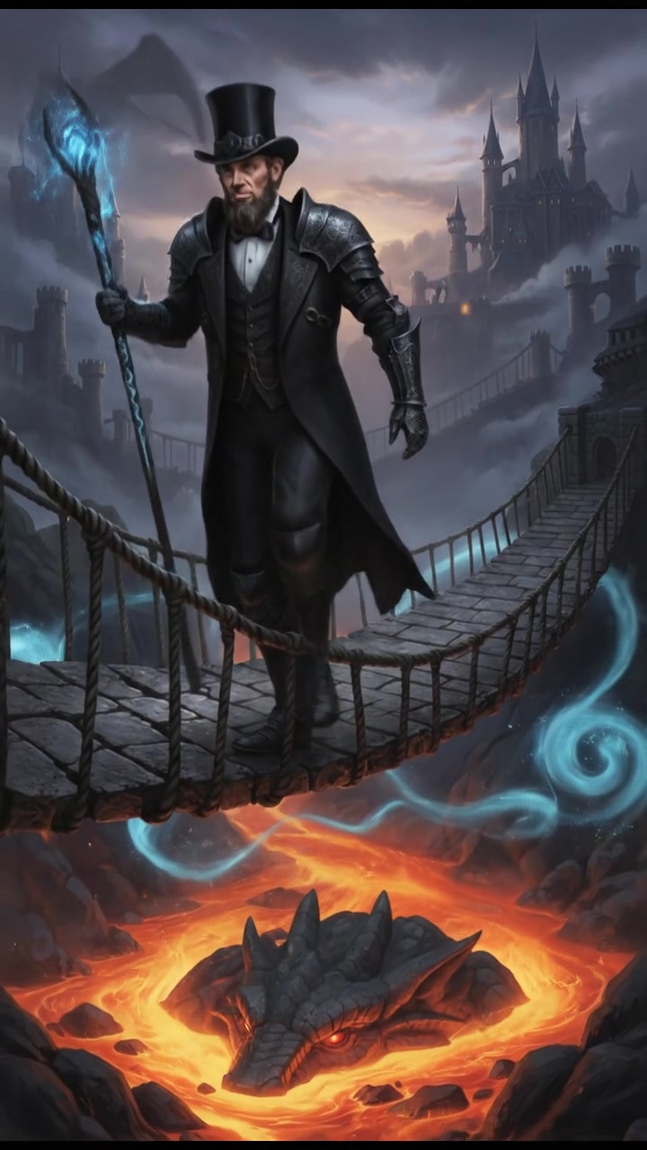 crossing a dangerous bridge suspended over glowing lava or mist, determination in their eyes